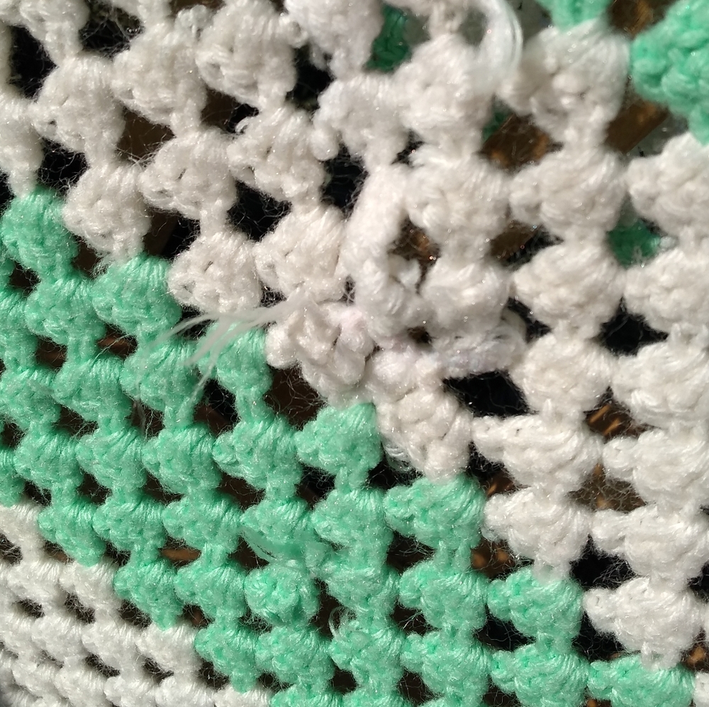 Vintage Handmade Crocheted Afghan, Green & White Square Pattern, 72 x 66… - Picture 12 of 14